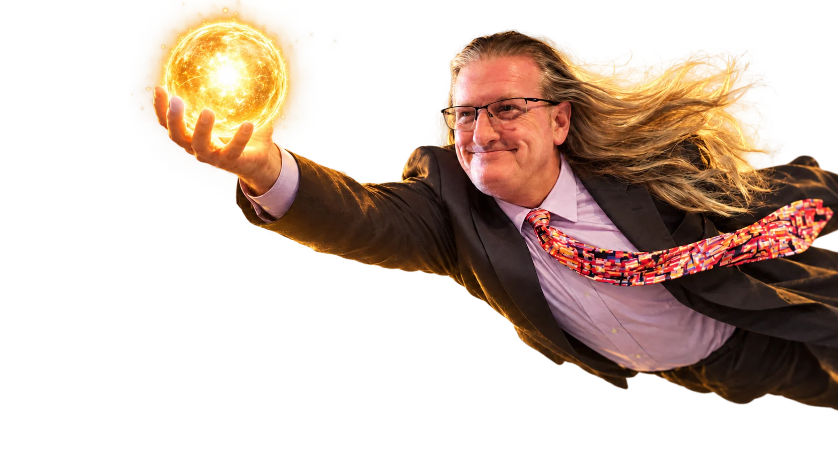 Illustration of Ken Knorr flying forward in a suit, reaching out with a glowing orb of light in his hand